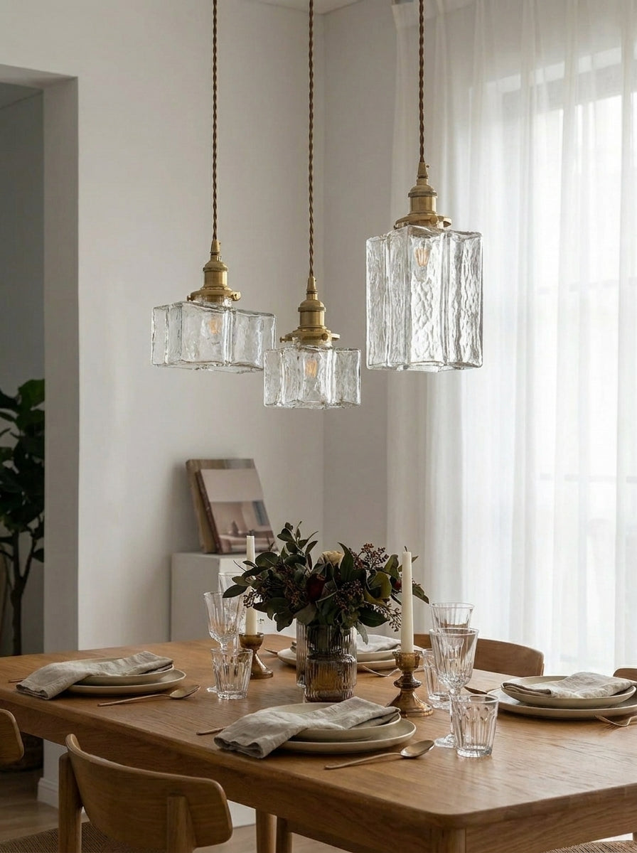 Vintage Ribbed Glass Pendant Light with Iron Frame