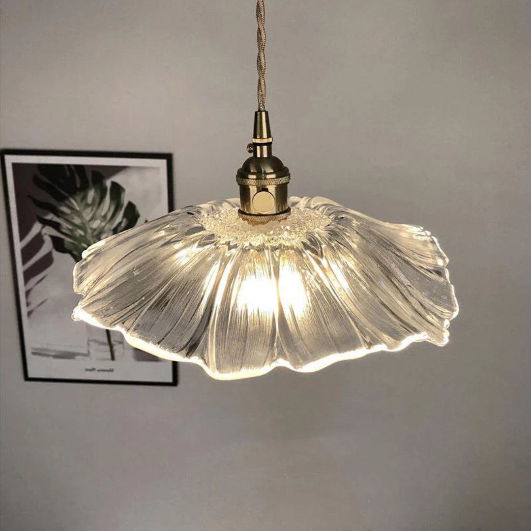 Ribbed Glass Flower Pendant Light with Gold-Tone Fitting