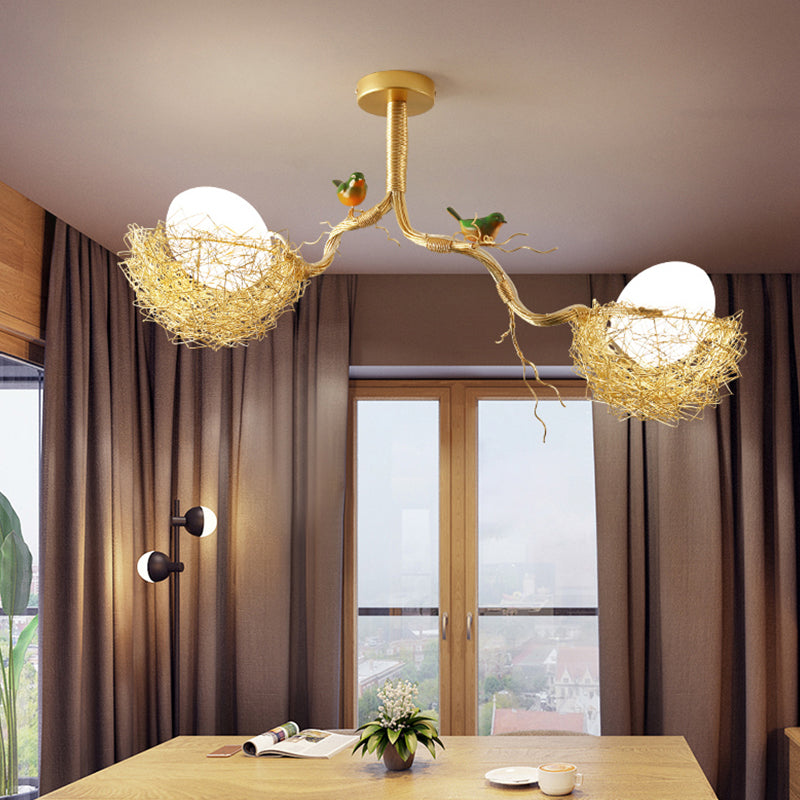 Gold Bird Nest Pendant Chandelier with Opal Glass Globe