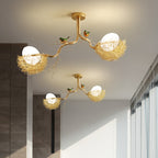 Gold Bird Nest Pendant Chandelier with Opal Glass Globe
