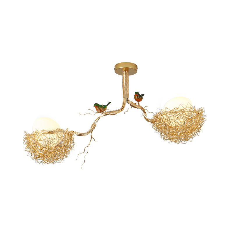 Gold Bird Nest Pendant Chandelier with Opal Glass Globe