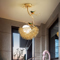 Gold Bird Nest Pendant Chandelier with Opal Glass Globe
