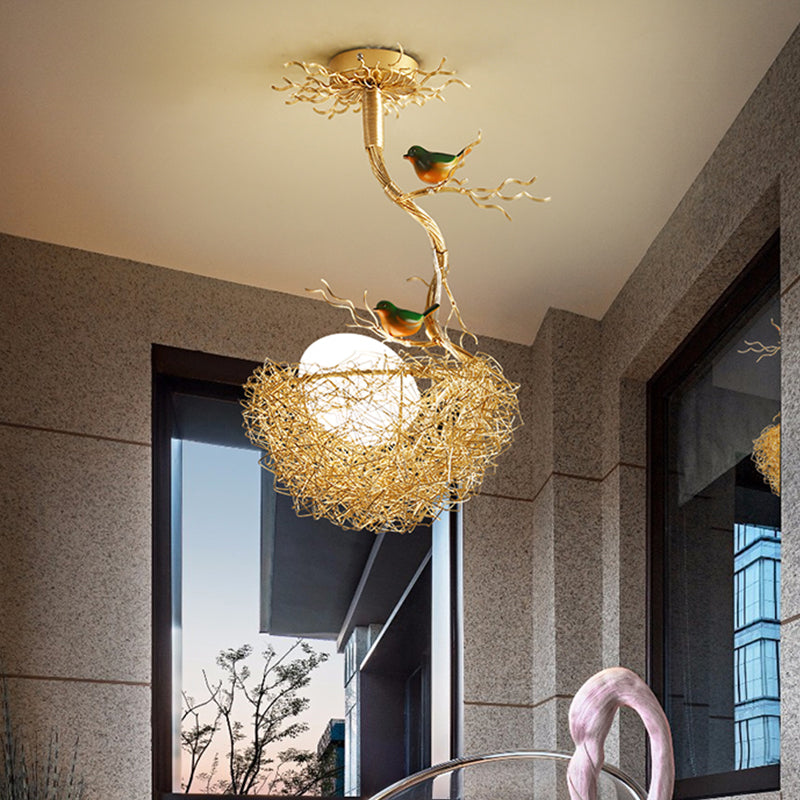 Gold Bird Nest Pendant Chandelier with Opal Glass Globe