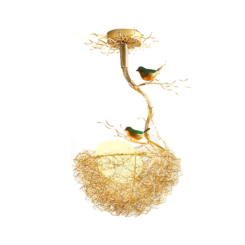 Gold Bird Nest Pendant Chandelier with Opal Glass Globe