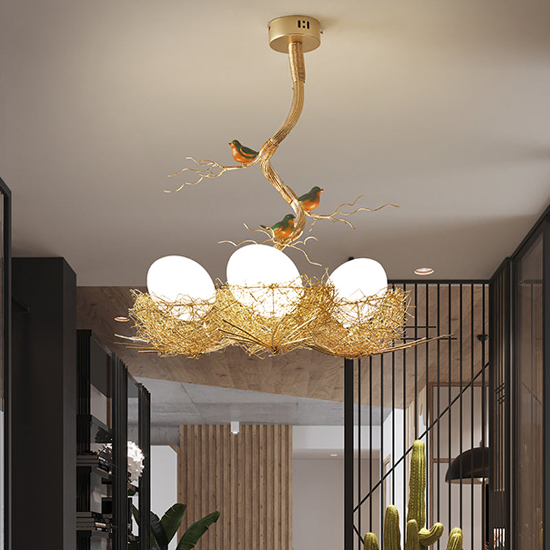 Gold Bird Nest Pendant Chandelier with Opal Glass Globe