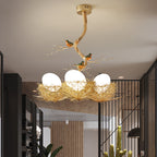 Gold Bird Nest Pendant Chandelier with Opal Glass Globe