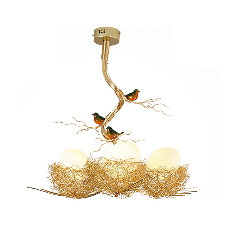 Gold Bird Nest Pendant Chandelier with Opal Glass Globe