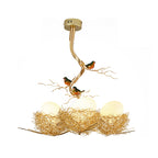 Gold Bird Nest Pendant Chandelier with Opal Glass Globe