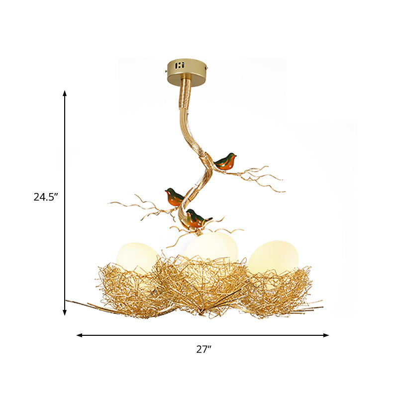 Gold Bird Nest Pendant Chandelier with Opal Glass Globe