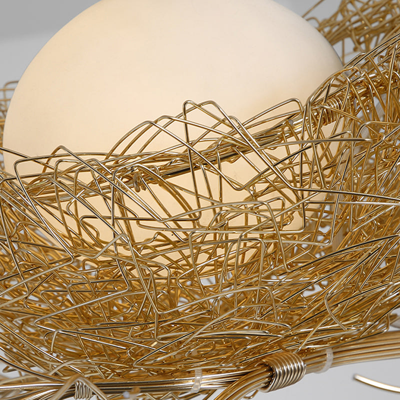 Gold Bird Nest Pendant Chandelier with Opal Glass Globe