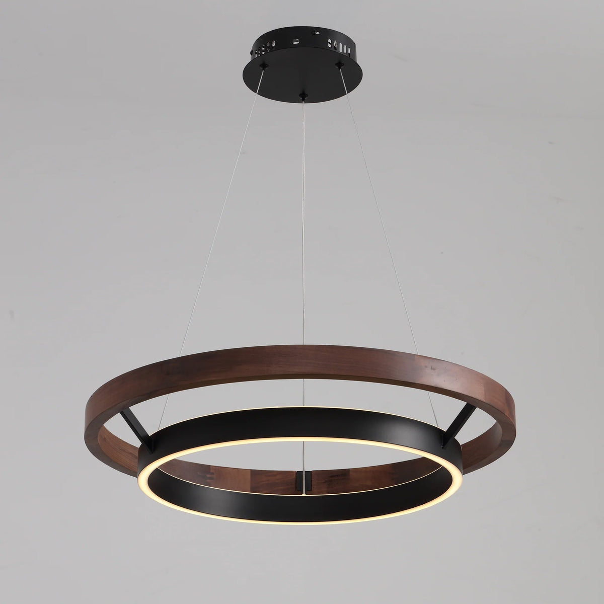 Circular Wood LED Chandelier with Black Ring, Weathered Oak or Walnut