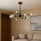 Scandinavian Glass Globe Chandelier, Black Iron, 6 to 16 Lights