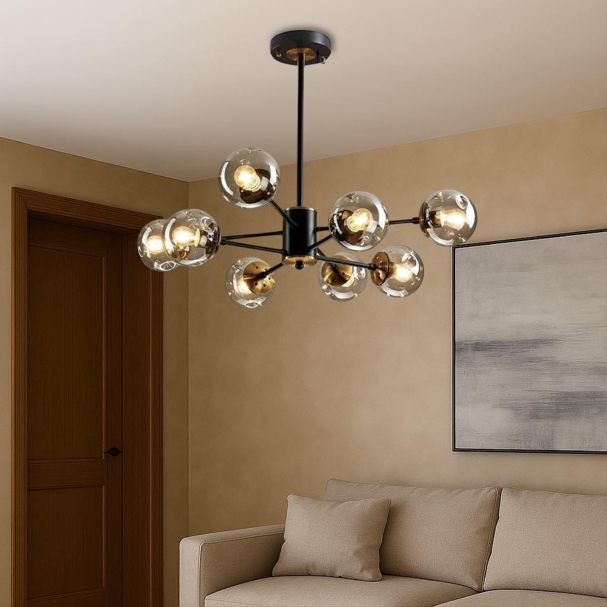 Scandinavian Glass Globe Chandelier, Black Iron, 6 to 16 Lights