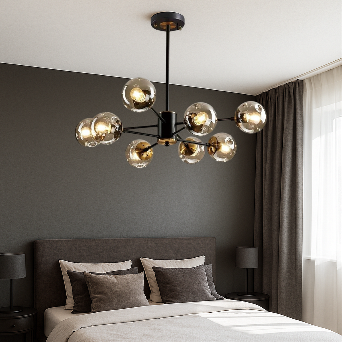 Scandinavian Glass Globe Chandelier, Black Iron, 6 to 16 Lights