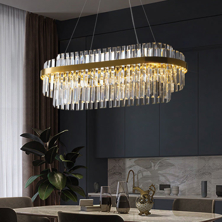 K9 Crystal Chandelier in Gold, Round or Rectangular, 3000K LED