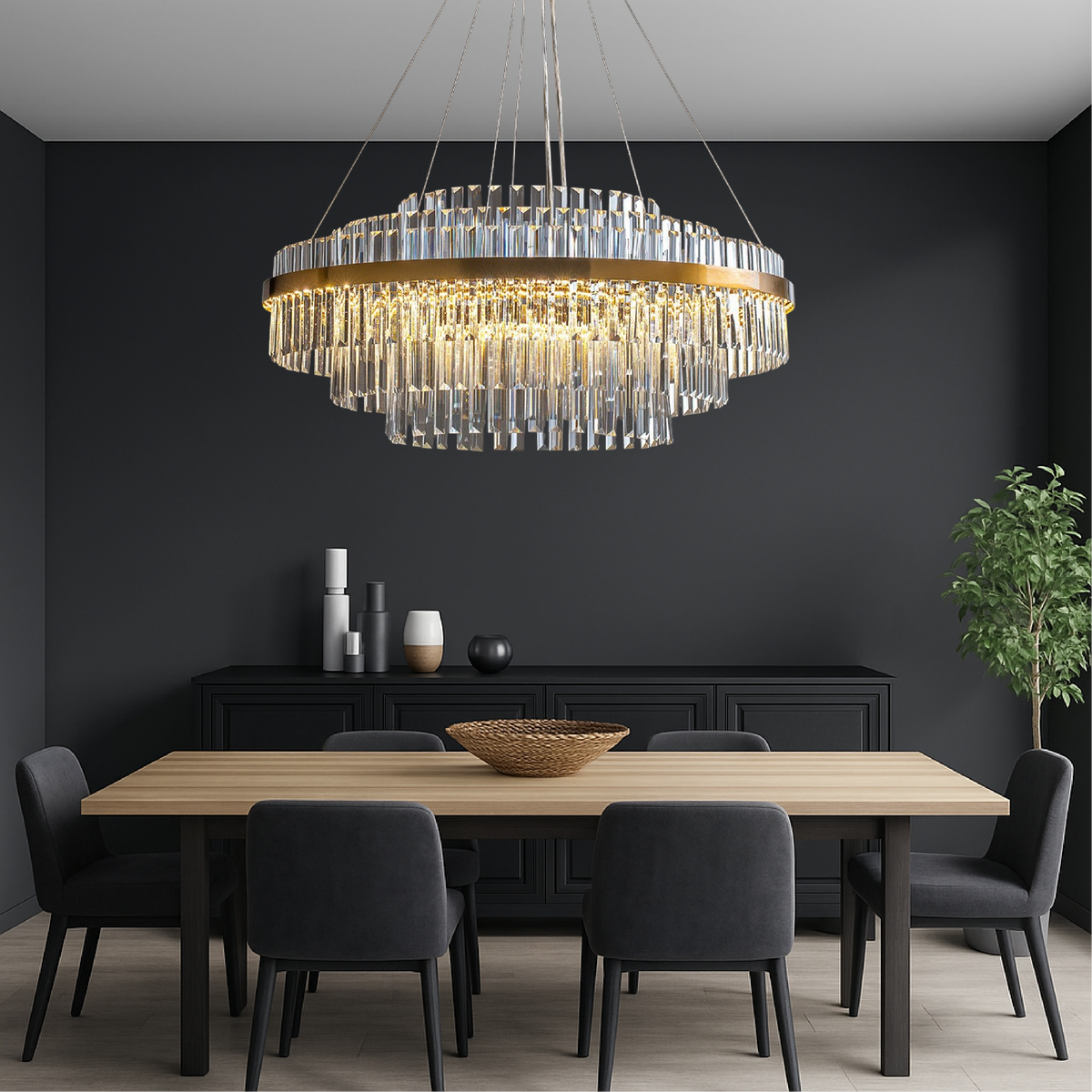 K9 Crystal Chandelier in Gold, Round or Rectangular, 3000K LED