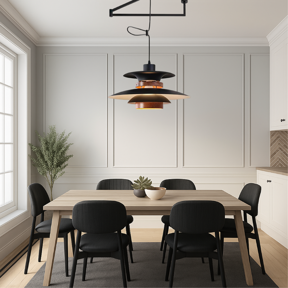 Swing Arm Pendant Light in Metal and Wood, 4 Shades