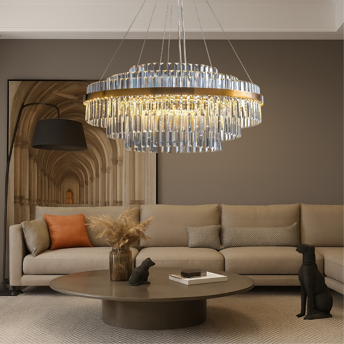 K9 Crystal Chandelier in Gold, Round or Rectangular, 3000K LED