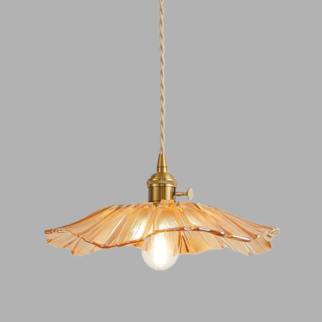 Ribbed Glass Flower Pendant Light with Gold-Tone Fitting