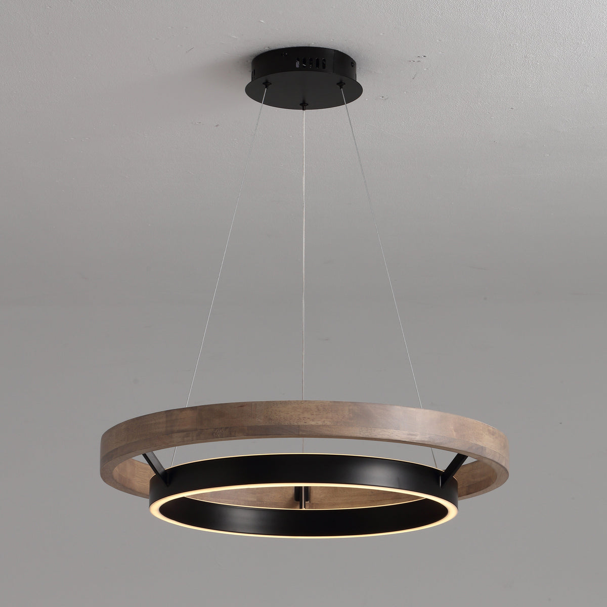 Circular Wood LED Chandelier with Black Ring, Weathered Oak or Walnut