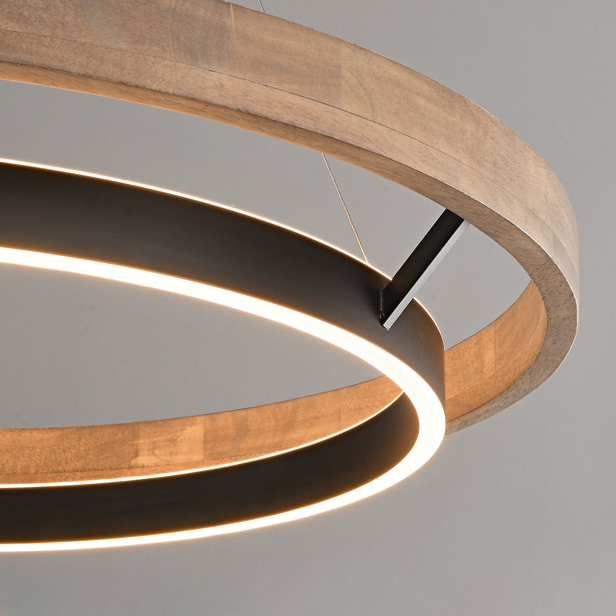 Circular Wood LED Chandelier with Black Ring, Weathered Oak or Walnut