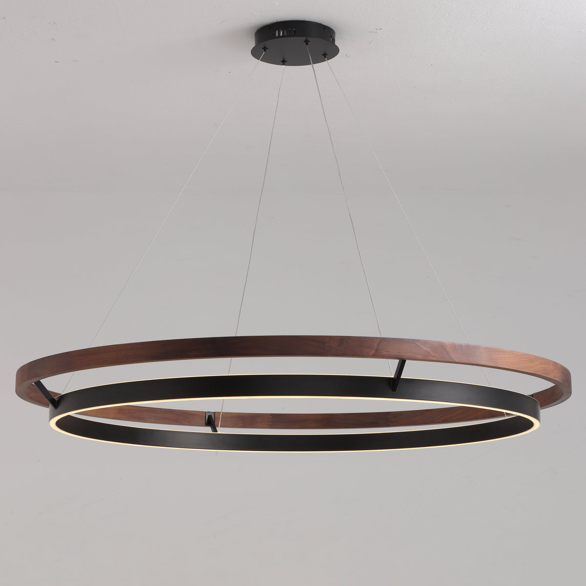 Circular Wood LED Chandelier with Black Ring, Weathered Oak or Walnut