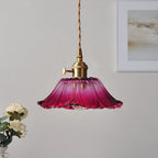 Ribbed Glass Flower Pendant Light with Gold-Tone Fitting
