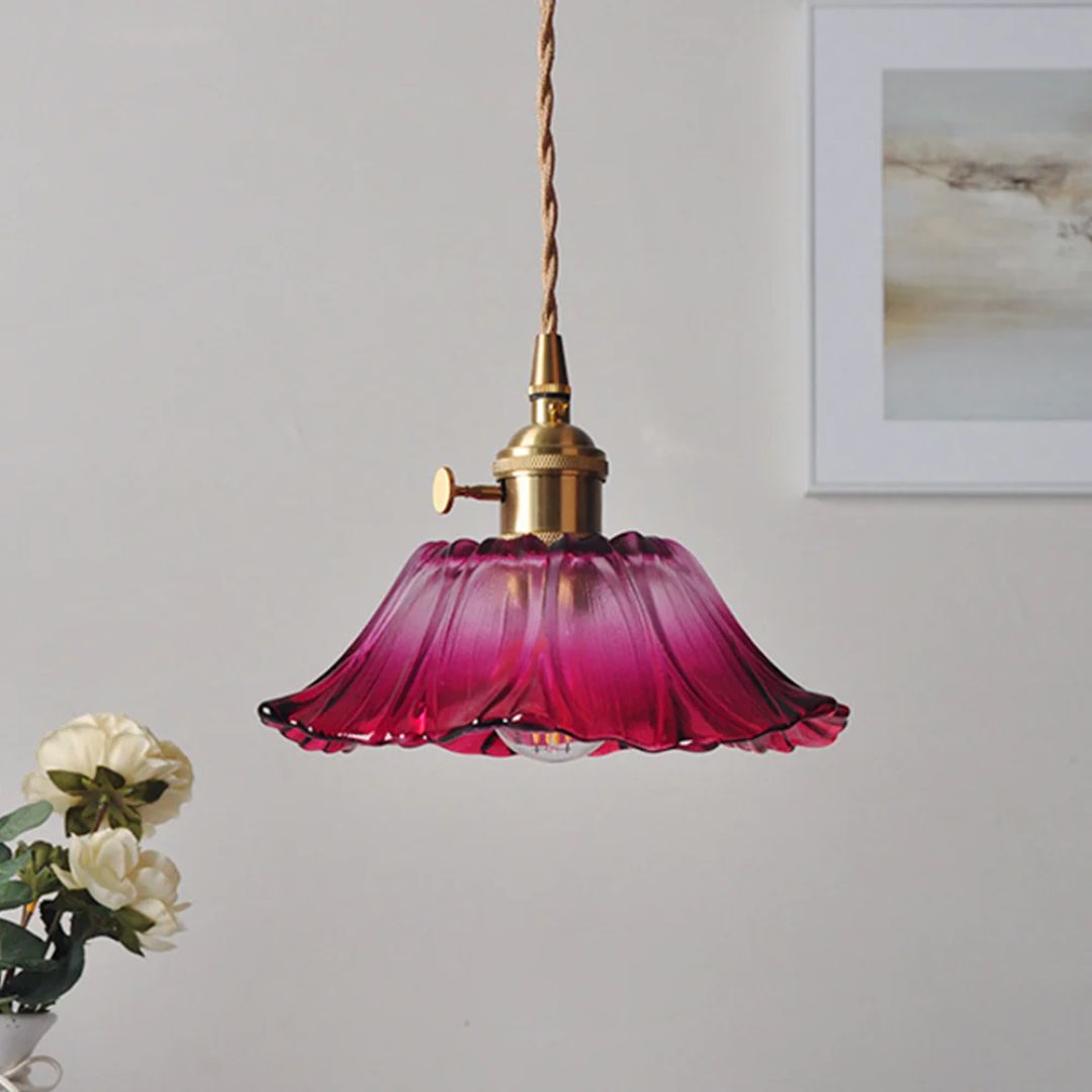 Ribbed Glass Flower Pendant Light with Gold-Tone Fitting