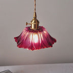 Ribbed Glass Flower Pendant Light with Gold-Tone Fitting