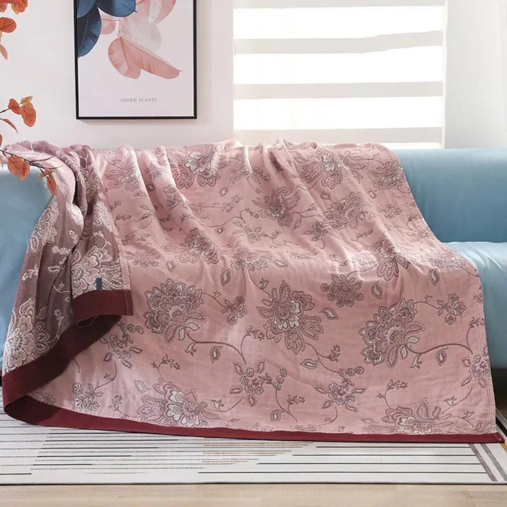 Cotton Gauze Summer Blanket with Jacquard Floral Pattern
