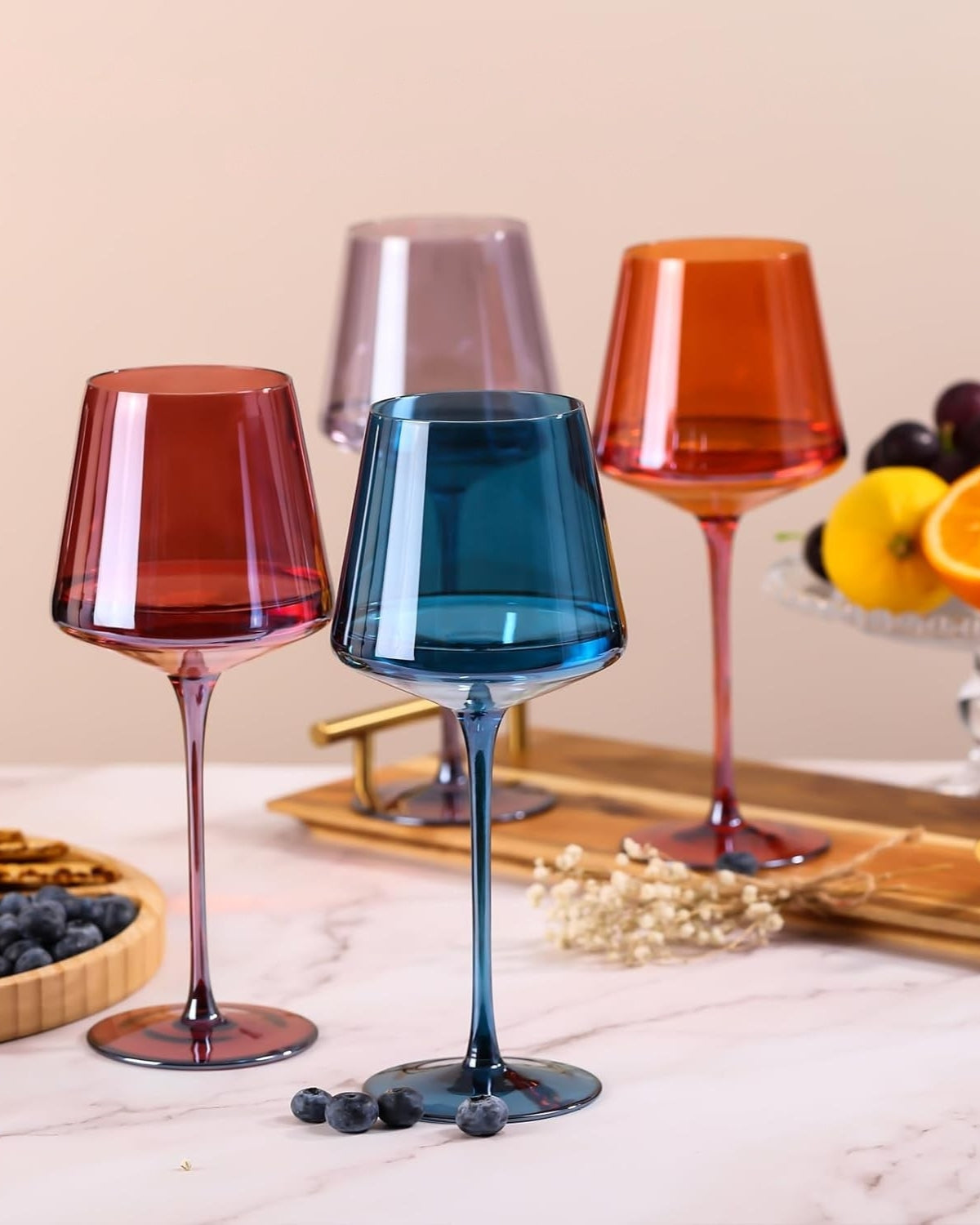 Hand-Blown Coloured Wine Glasses, Set of 6, Rainbow Tones