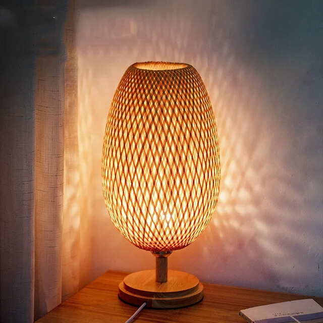 Handmade Bamboo Table Lamp with Wooden Base, Vintage Style