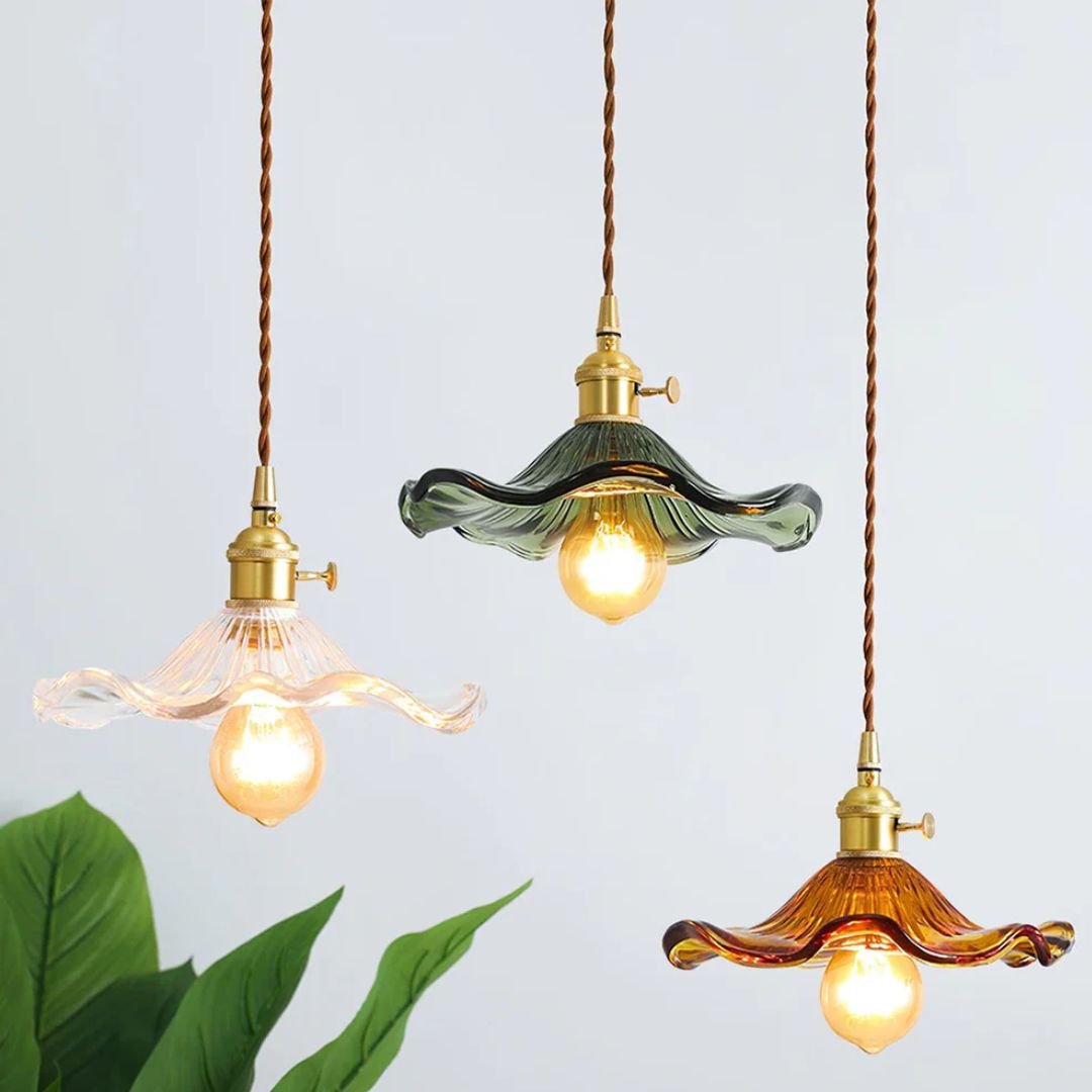 Green Glass Flower Pendant Light 23 cm with Brass Fitting