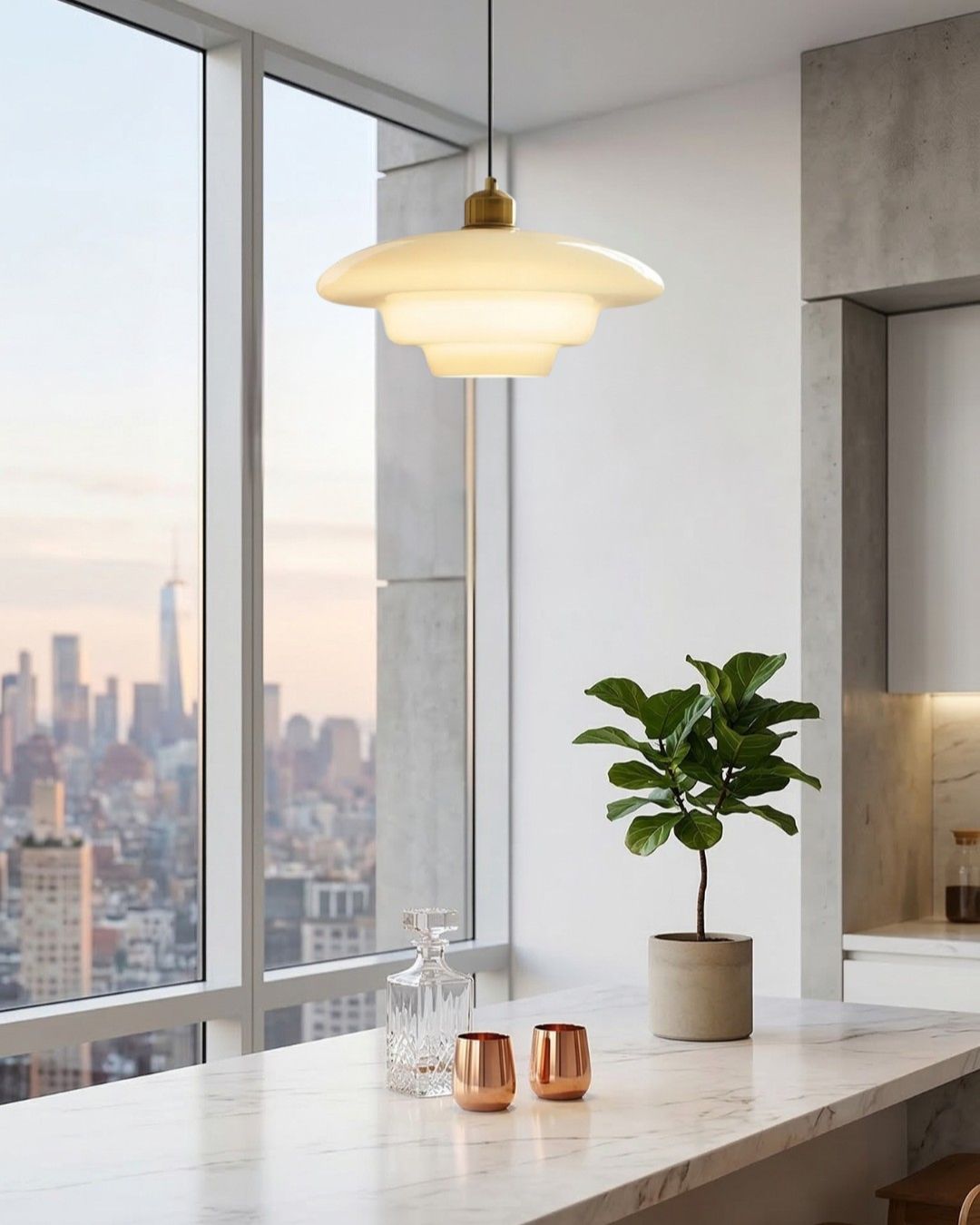 Opal White Glass Pendant Light with Brushed Brass, E27