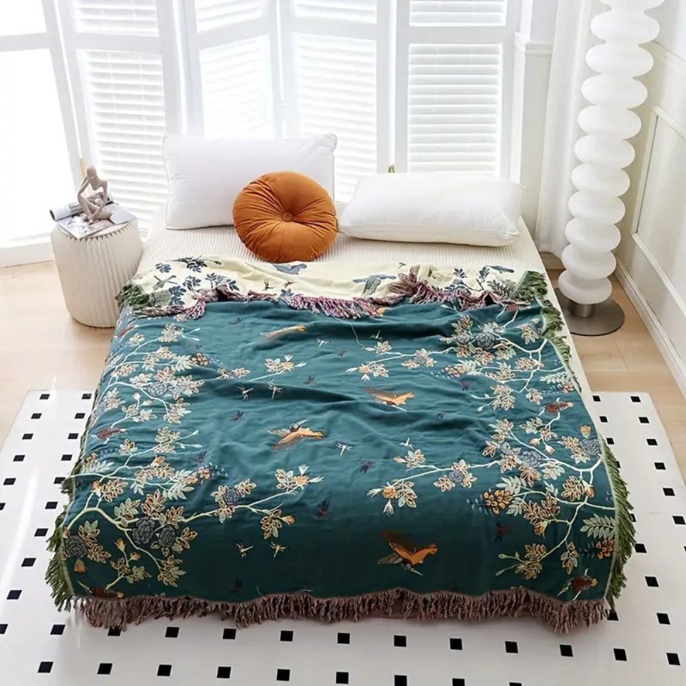 Layered Cotton Gauze Throw with Jacquard Weave and Tassels