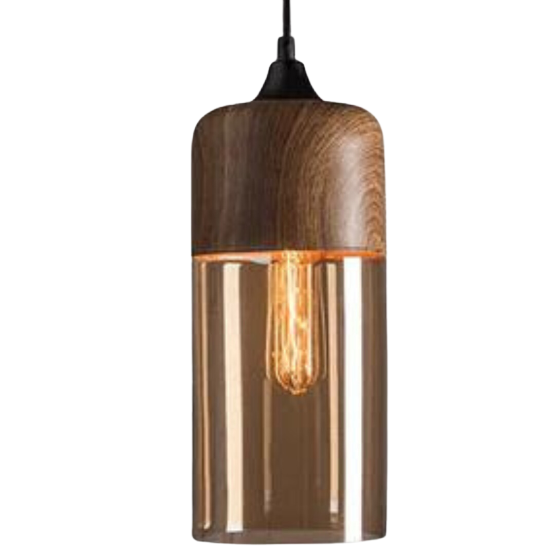 Tinted Glass Pendant Light with Wood Effect Metal, E27, 150 cm Cable