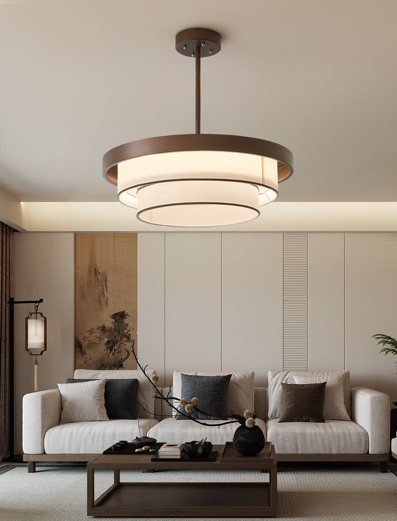 Three-Tier Fabric Ring Pendant Light, Bronze, LED