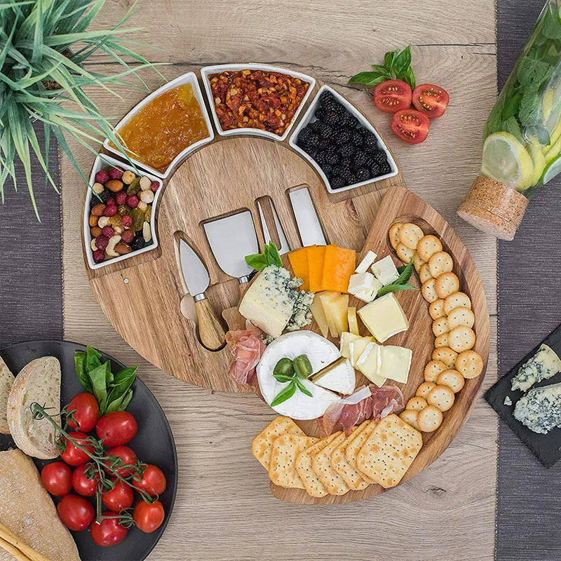 Acacia Wood Cheese Board Set with 4 Knives and 4 Bowls
