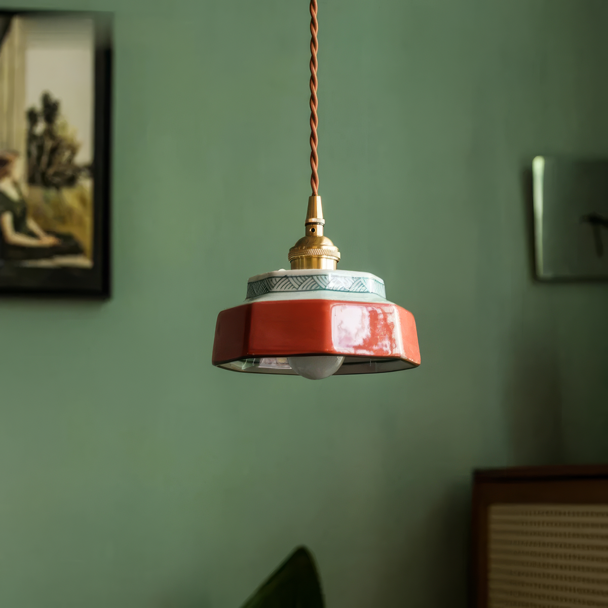 Hand-Painted Ceramic Pendant Light with Copper Fitting, 14cm