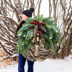 Rustic Christmas Wreath with Pine Cones and Gold Bells, 43cm