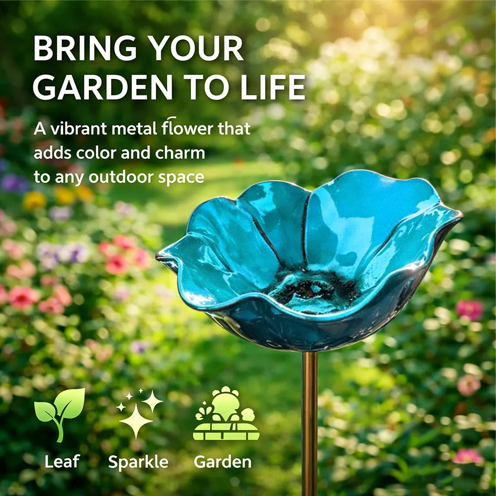 Metal Flower Bird Bath Garden Stake, 60cm, 7 Colours