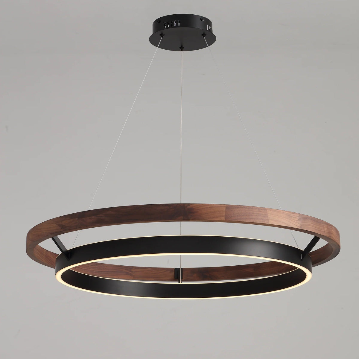 Circular Wood LED Chandelier with Black Ring, Weathered Oak or Walnut