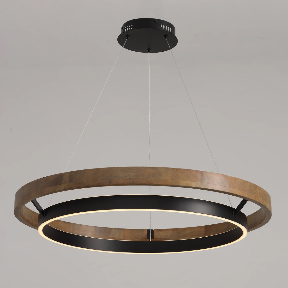 Circular Wood LED Chandelier with Black Ring, Weathered Oak or Walnut