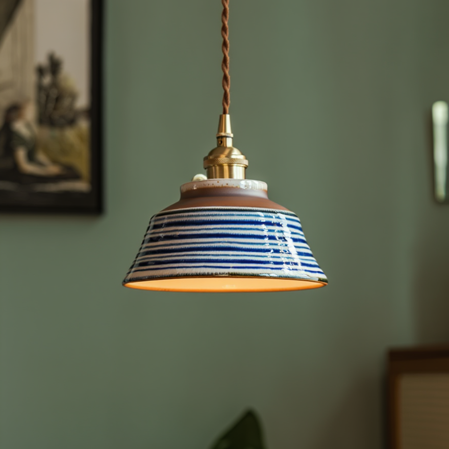 Hand-Painted Floral Ceramic Pendant Light, Copper Finish