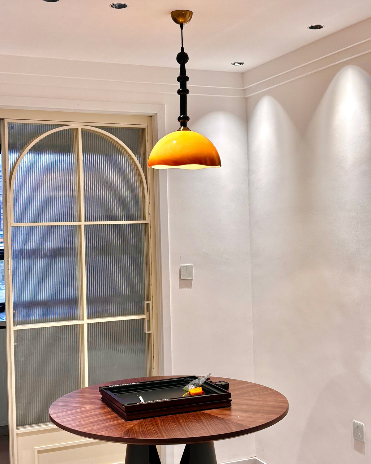Glass Dome Pendant Light with Wood Frame, Vintage Style