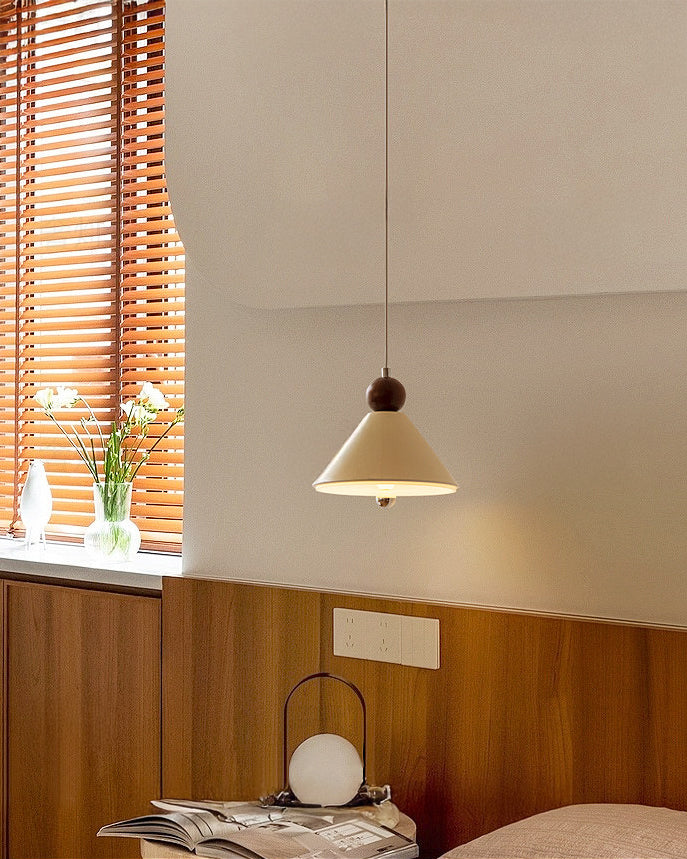 Cone Pendant Light with Wood and Metal Accents, Scandi Bedside Design