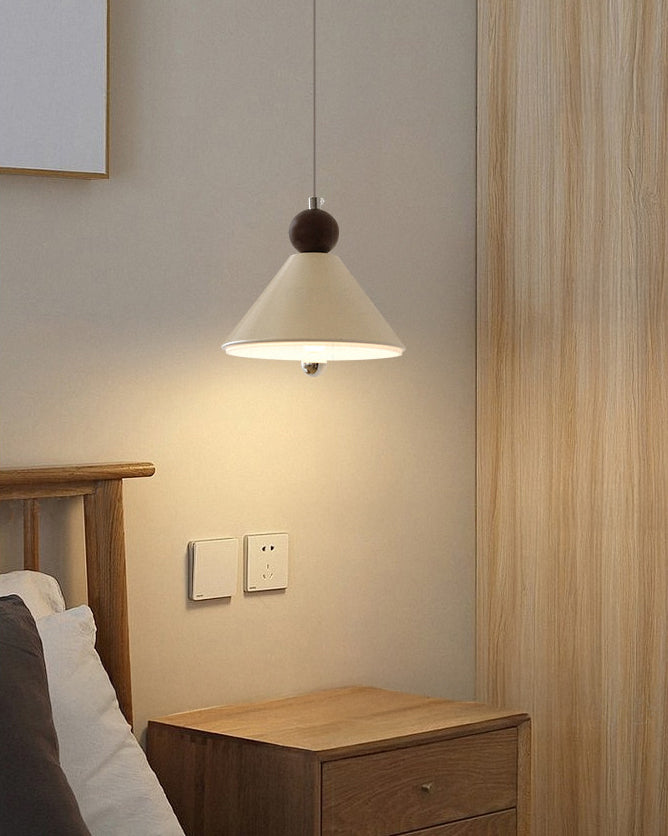 Cone Pendant Light with Wood and Metal Accents, Scandi Bedside Design