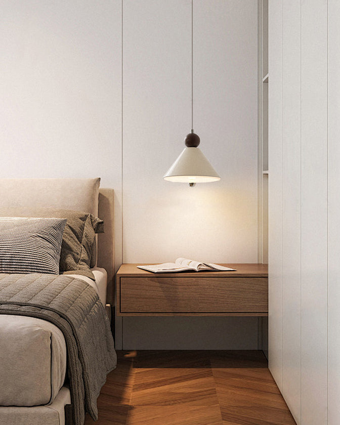 Cone Pendant Light with Wood and Metal Accents, Scandi Bedside Design