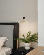 Cone Pendant Light with Wood and Metal Accents, Scandi Bedside Design