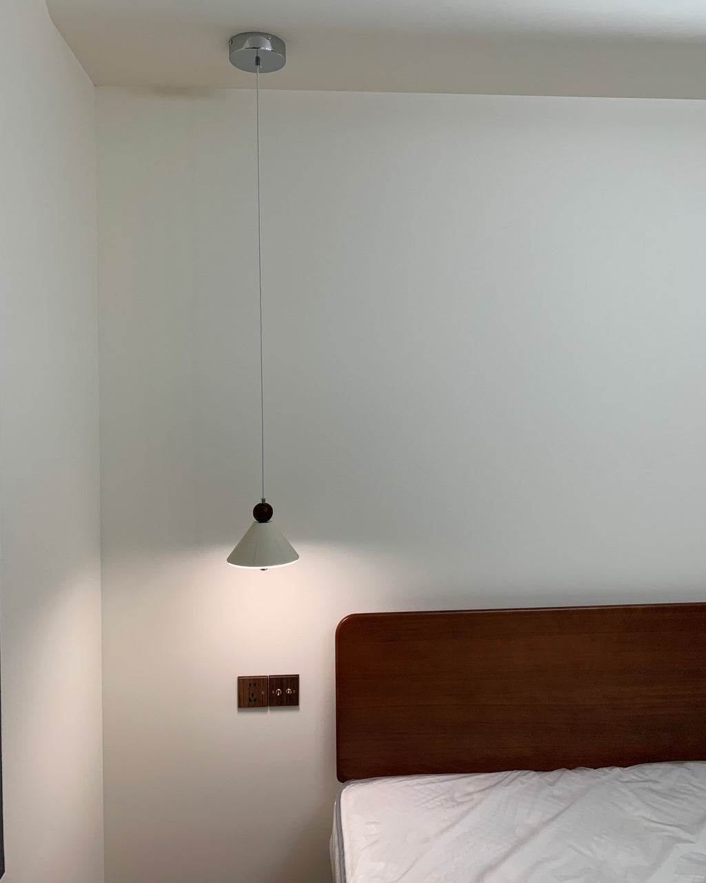 Cone Pendant Light with Wood and Metal Accents, Scandi Bedside Design